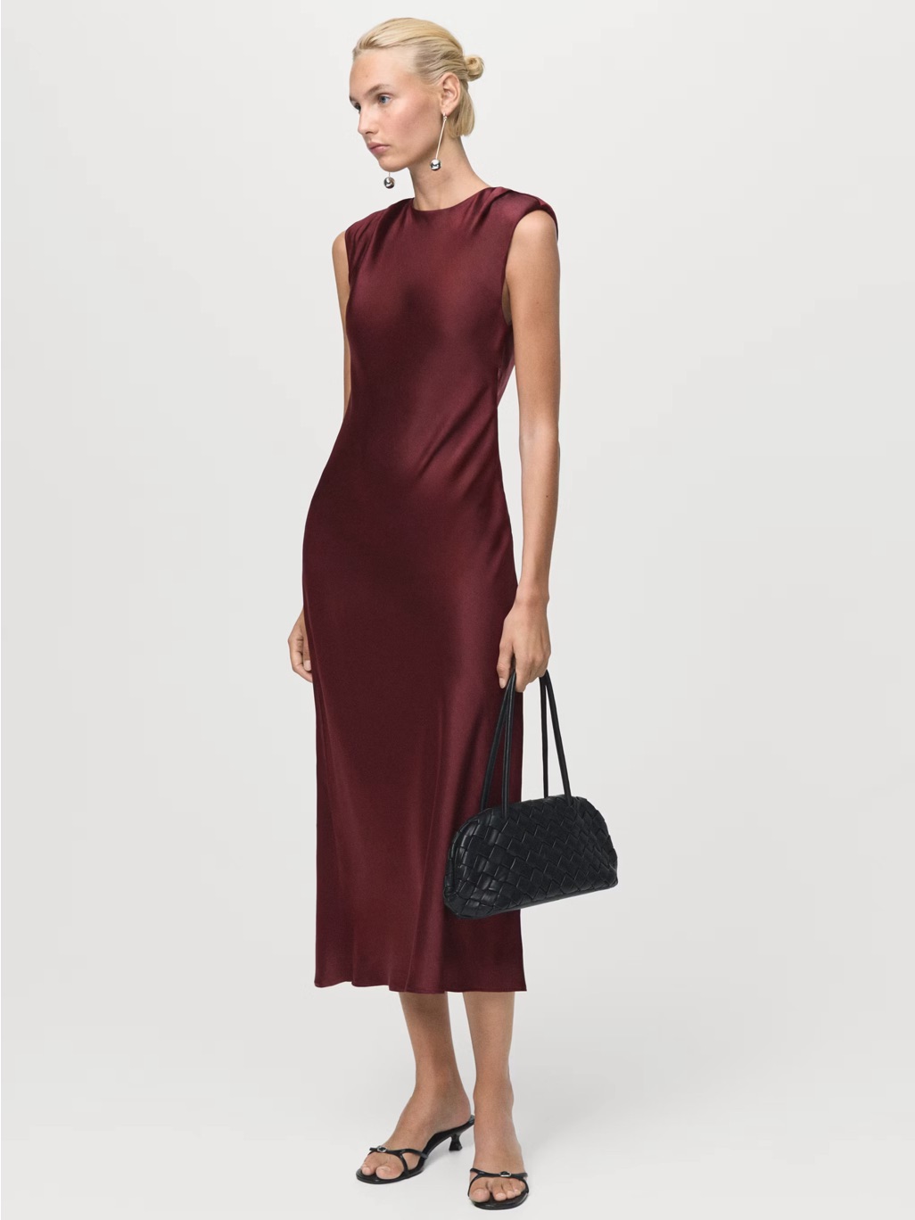 Mango Elegant Sleeveless Burgundy Satin Midi Dress